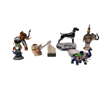 A group of ornaments including New Harris 1995 glass sculpture of a Boxer dog, 2 glass and gilded elephant sculptures, 2 Indi