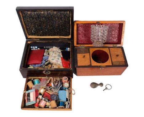 19th century inlaid coromandel wood workbox and contents, 30cm across, and a tea caddy with fitted interior 