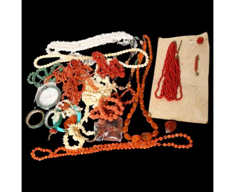 Various coral shell necklaces, carnelian panels, jadeite bangle, etc 