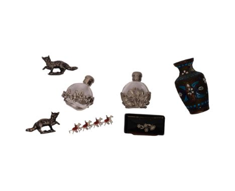 A group of items to include and brass and champleve vase of small size, a Georgian silver inlay snuffbox, a pair of overlay s