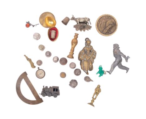 Various items, to include 3 silver thimbles, a small brass-cased compass, a cast-brass seal etc 