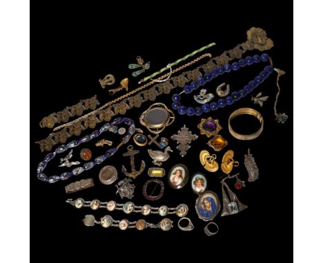 A box of Vintage and other costume jewellery, including a painted glass necklace, gilt-metal brooches, a stylised metal cross