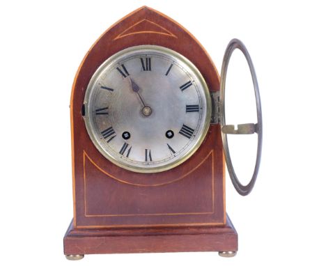 Antique lancet-top inlaid mahogany mantel clock with 2-train movement, H28cm