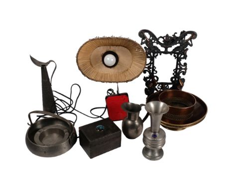 A cast-metal strut photo frame, H32cm, pewter items, desk lamp, copper and brass bowl on foot, a copper bottle stand etc