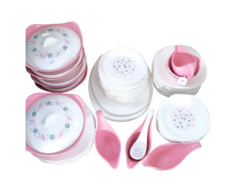 1960s Midwinter Stylecraft dinner service, including sauce boats, tureens, and various plates and bowls, with pink and blue f