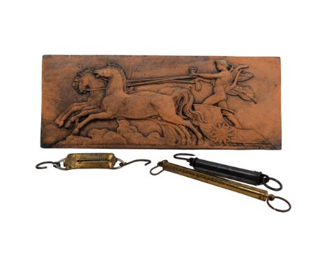A terracotta wall plaque with embossed charioteer, 49cm, Vintage binoculars and 3 spring scales 
