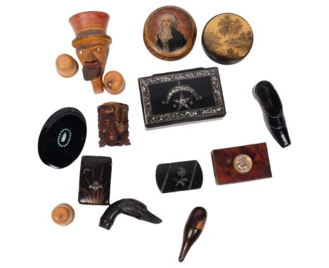 A collection of various treen items, including 3 fruitwood bobbin holders, designed as hat box, papier mache snuffboxes, a de