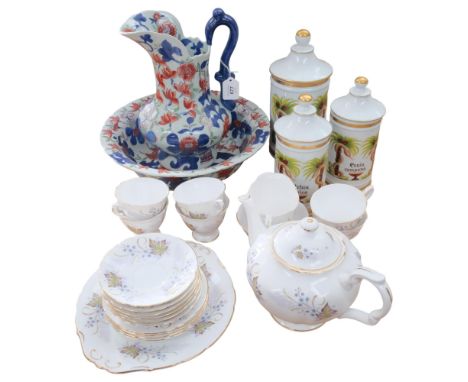 Bone china tea service including teapot, a reproduction Imari style wash jug and basin, and a set of 3 French storage jars