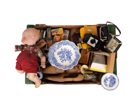 A Vintage tilly lamp, Armand Marseilles doll 341/4H, shoe lasts, Matchbox cars, etcThe Armand Marseilles doll's head has been