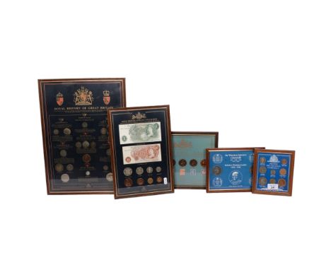 A collection of 5 framed commemorative coin sets, including The Royal History of Great Britain, a George V sterling silver th