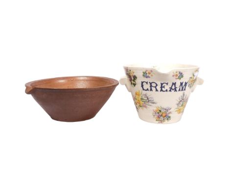 A large ceramic 2-handled cream pail, a crock, and a Victorian brass swing-handled pan (3) 