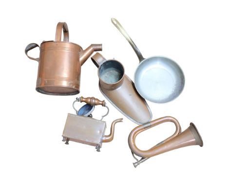 Antique copper water jug, a bugle, kettle etc 