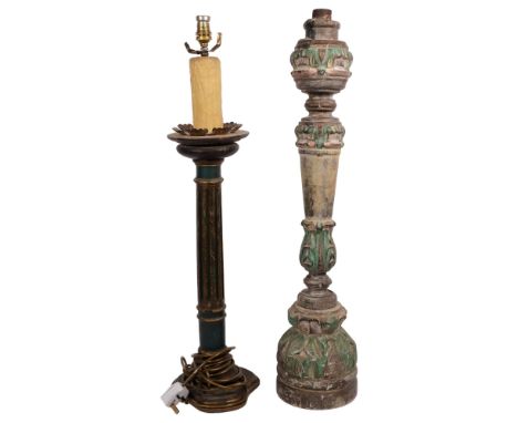 A painted and gilded table lamp, H77cm overall, and 2 Vintage carved and painted wood candlesticks 