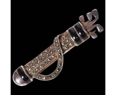 A silver and marcasite gold club and bag design brooch, L6cmGood overall condition, light surface scratches and wear, marked 
