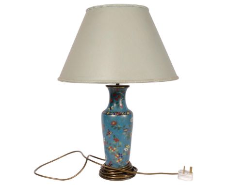 A cloisonne blue ground table lamp with floral and butterfly decoration and shade, H57cm overall