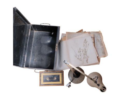 Deed box, cash tin, dried pressed flowers and leaves, and an anglepoise lamp 