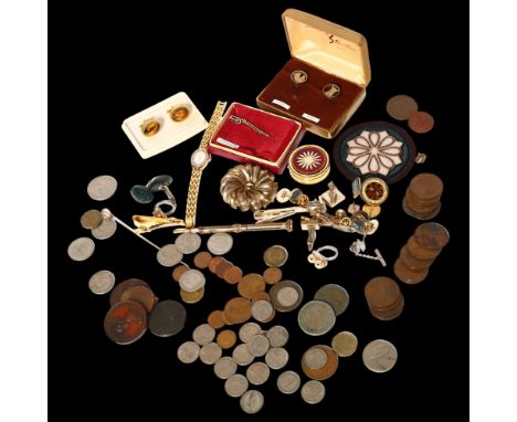 A collection of various costume jewellery, cufflinks, a gilt-metal propelling pencil, pre-decimal coins etc 