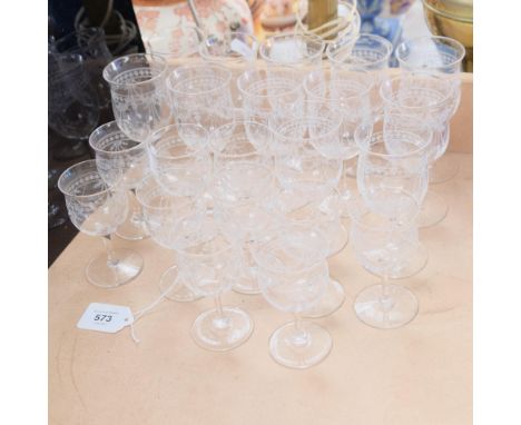 A set of 12 engraved Stuart Crystal wine glasses, H12.5cm, and a set of 10 matching Sherry glassesAll good condition, some li