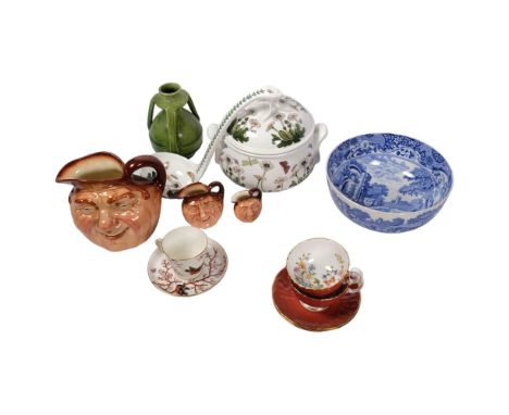 A Portmeirion tureen cover and ladle, a graduated set of 3 Royal Doulton character jugs, Ainsley cabinet cups and saucers etc
