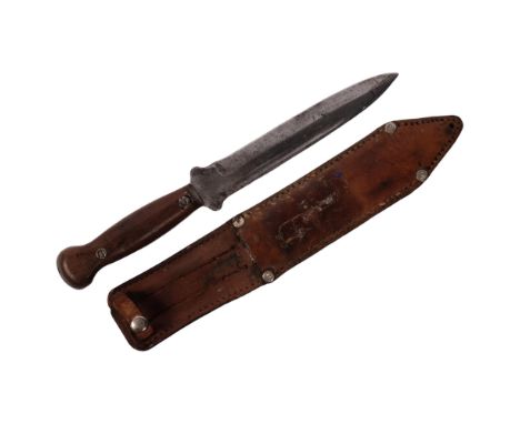 A Vintage hunting knife with turned wood handle, no maker's marks, L26cm, with leather scabbard 