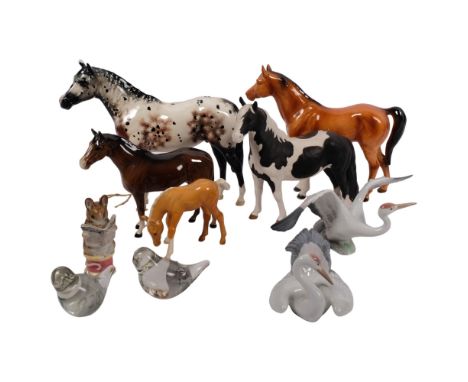 A quantity of Beswick ceramic horses, a Lladro nesting crane, a Lladro landing crane, a Beswick Beatrix Potter Tailor of Glou