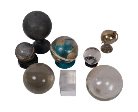 A collection of glass and other globes, including a barometer, and a lidded desk stand, H15.5cm 