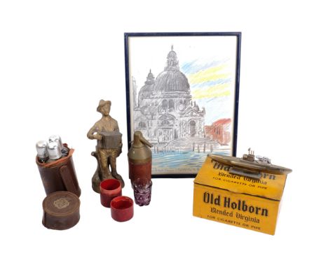 Old Holborn tin, 22cm across, submarine lighter, brass figure, bottle holders, and a sketch