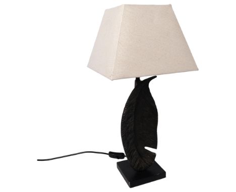 A contemporary cast-metal table lamp in the form of a feather, with LED bulb, and shade, overall height 54cm 