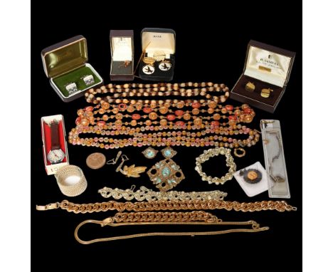 Various costume necklaces, an Ingersoll wristwatch, cufflinks, a suite of Sarah Coventry jewellery, including a pair of earri