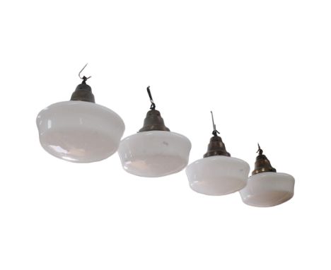 A set of 4 Vintage metal ceiling light fittings, with milk glass bowls, 27cm across 