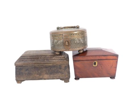 19th century tea caddy with inner lids and bun feet, 19cm across, a Persian design embossed metal box with foliate decoration