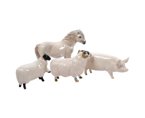 A group of 4 ceramic animals, including a Beswick pig, a Beswick sheep and ram, and a Royal Doulton Shetland pony (4) 