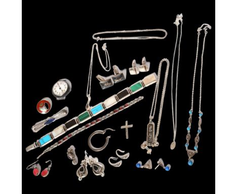 A silver and multi-stone set panelled bracelet, a pair of silver and niello cufflinks, a silver-cased fob watch, an Art Deco 