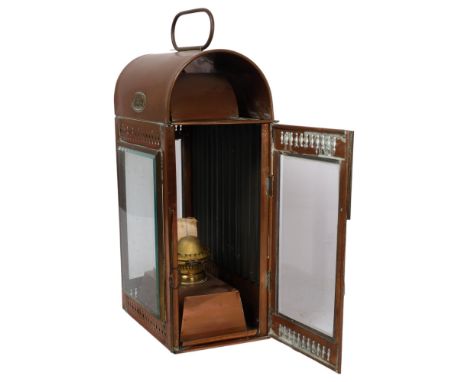 DAVEY & COMPANY LONDON - a 19th century copper lantern, with 3 bevelled glass panels, complete with burner, height not includ