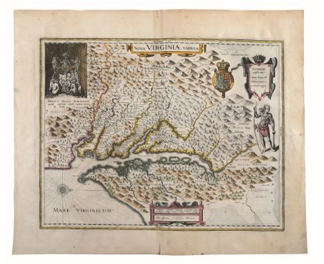 Blaeu. Nova Virginiae Tabula. [Amsterdam, Ex officina Guiljelmi Blaeu, 1630 ca.]Mappa incisa su rame, parzialmente acquerella