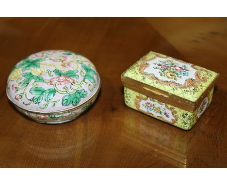 Halcyon Days Bilston enamel box, together with an enamel box and cover, (2)