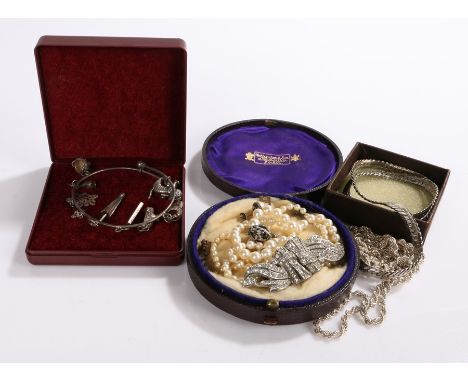 Silver jewellery, to include charm bracelet, three necklaces, paste set brooch, pearl earrings and necklace (qty)