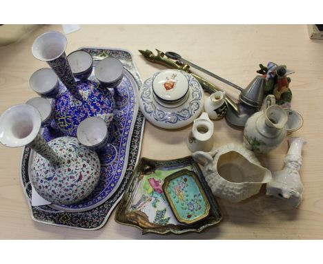 Enamel set, with arose water bottle and cups, with tray and another bottle 