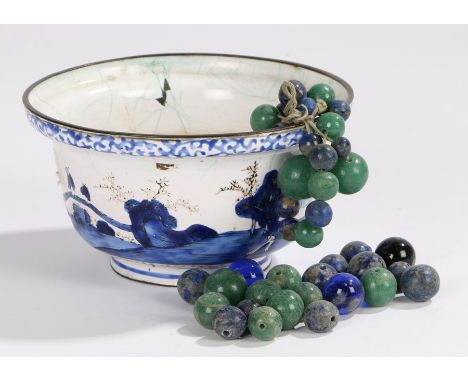 Chinese enamel bowl, Qing dynasty, with a rocky scene and pagodas, 12cm diameter, together with a collection of jade glass, l