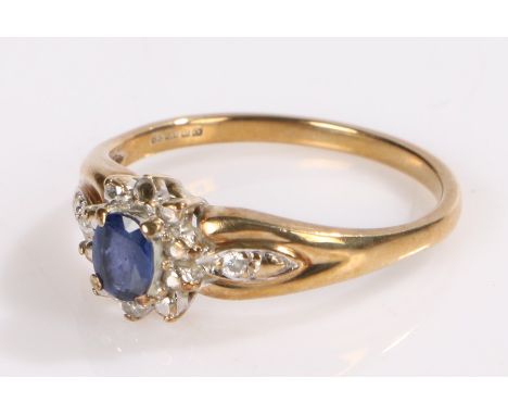 9 carat sapphire and diamond chip set ring, ring size O 1/2, 2.3g