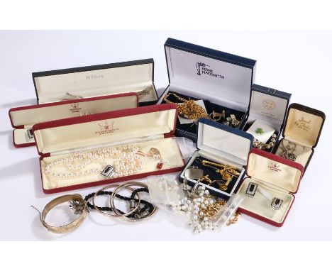 Silver bracelet and necklace, a rolled gold bangle, cufflinks, Tenerife Pearl jewellery suite, bangles, etc, (qty)