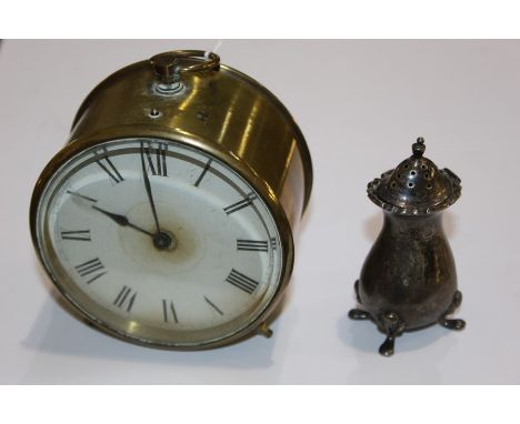 Silver pepperette, brass cased mantel clock (2)