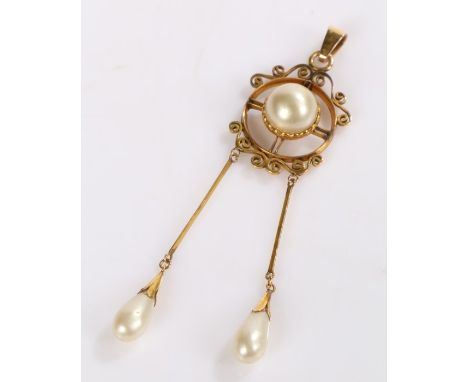 Gold coloured metal pendant, with central round pearl and with two hanging teardrop form pearls, 4g