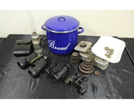 Kitchen scales, together with an enamel bread bin, binoculars and weights, (qty)