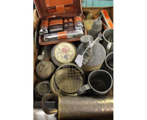 Works of art to include pewter mugs and sugar castors, gentleman's vanity set, hip flask, companion set, cased set of scales 