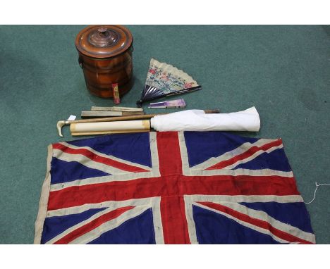 Works of art, to include five folding fans, copper log basket, walking stick with antler handle and white metal band, Union J