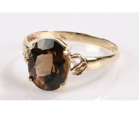 9 carat gold smokey topaz and diamond ring, size N