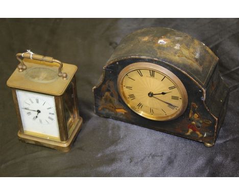 Brass carriage clock, with a white enamel dial, together with a black lacquer mantel clock, (2)