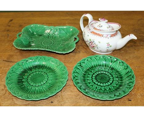 Three Wedgwood green leaf dishes, together with a New Hall teapot, (4)
