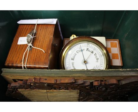 Mah-jong set, folding chess board, dominoes, barometer, knife, two frames, carved mirror etc. (qty)
